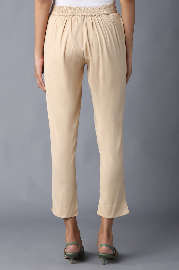 Elleven Women's Beige Solid Straight Fit Cotton Trousers With Elasticated Waistband