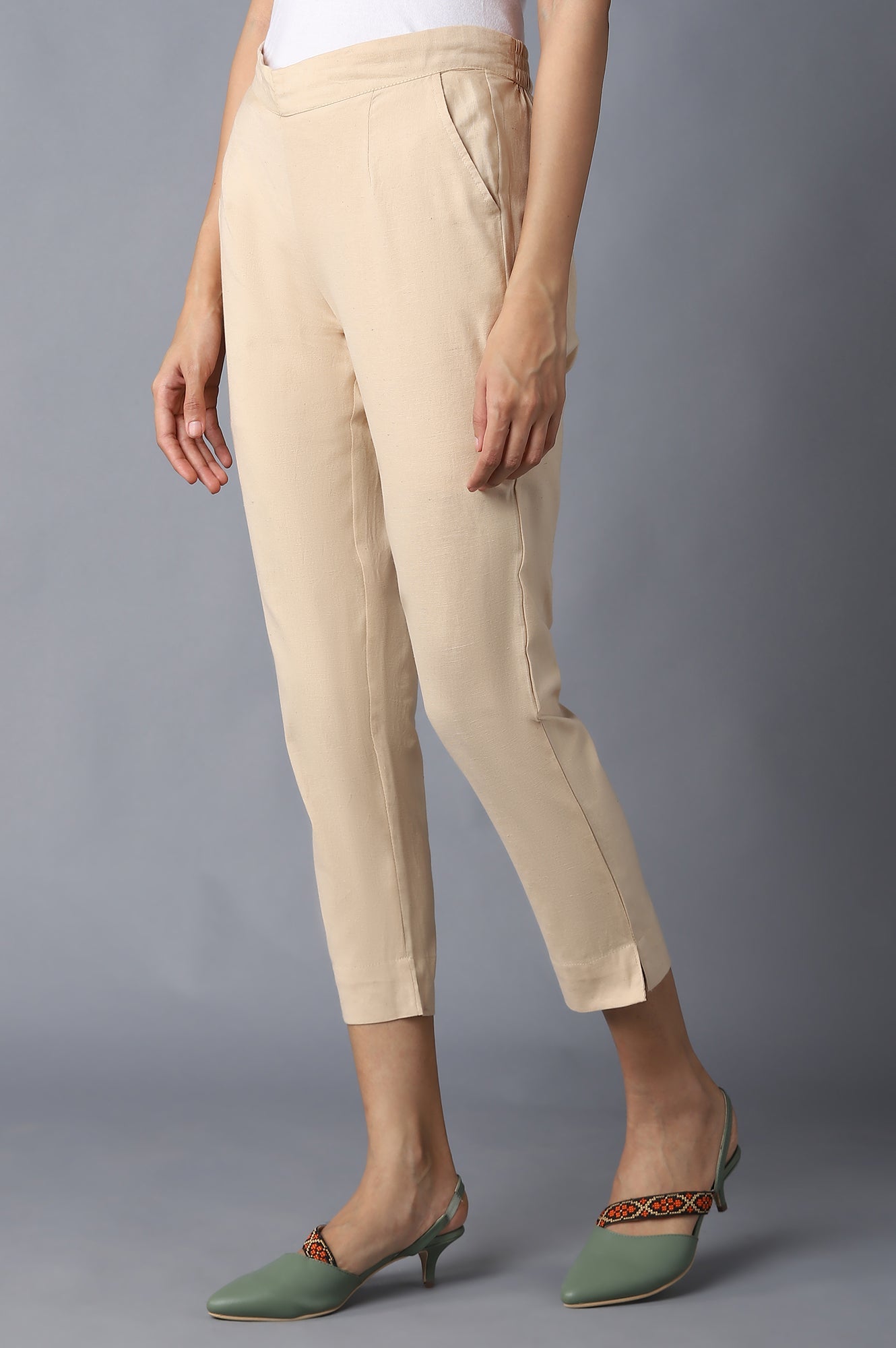 Beige Solid Straight Fit Cotton Trousers With Elasticated Waistband