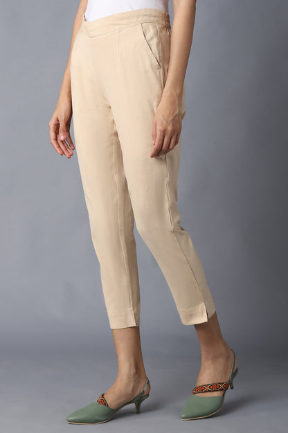Beige Solid Straight Fit Cotton Trousers With Elasticated Waistband