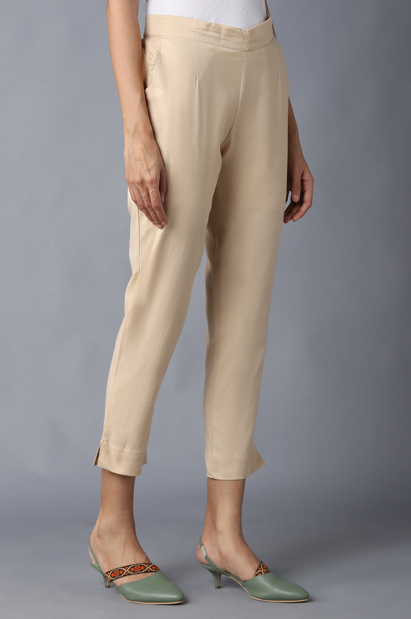 Beige Solid Straight Fit Cotton Trousers With Elasticated Waistband