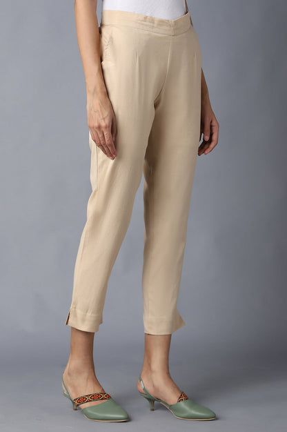 Beige Solid Straight Fit Cotton Trousers With Elasticated Waistband