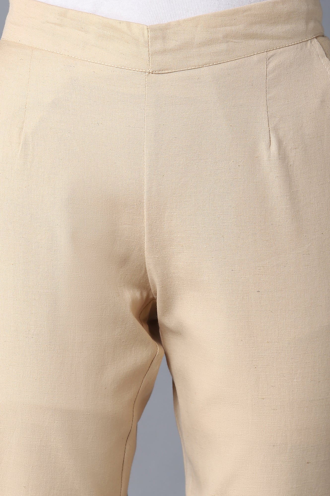 Beige Solid Straight Fit Cotton Trousers With Elasticated Waistband