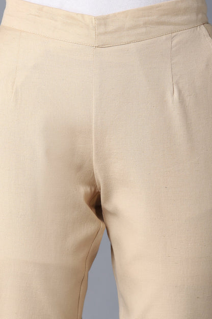 Beige Solid Straight Fit Cotton Trousers With Elasticated Waistband