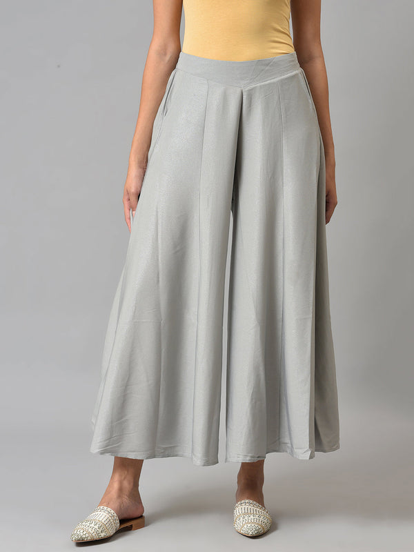 Grey Solid Flared American Crepe Palazzo With Pockets