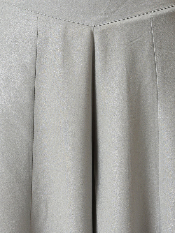 Elleven Women's Grey Solid Flared American Crepe Palazzo With Pockets