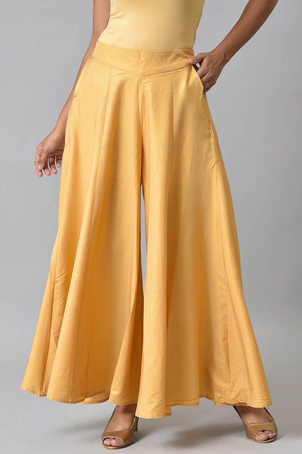 Gold Solid Flared Woven Palazzo With Side Pockets