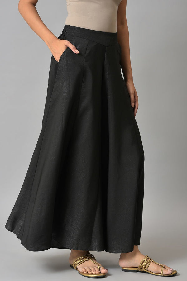 Elleven Women's Black Solid Flared Woven Palazzo With Side Pockets