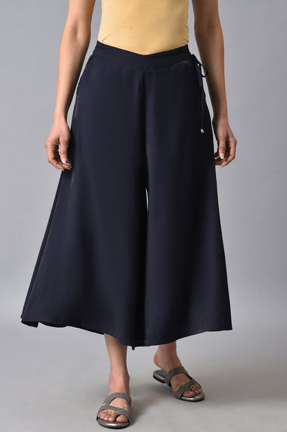 Navy Blue Solid Flared Rayon Culottes with Drawstring Detail