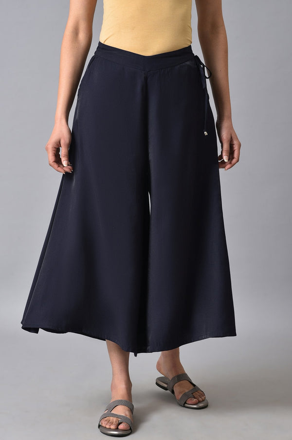 Navy Blue Solid Flared Rayon Culottes with Drawstring Detail