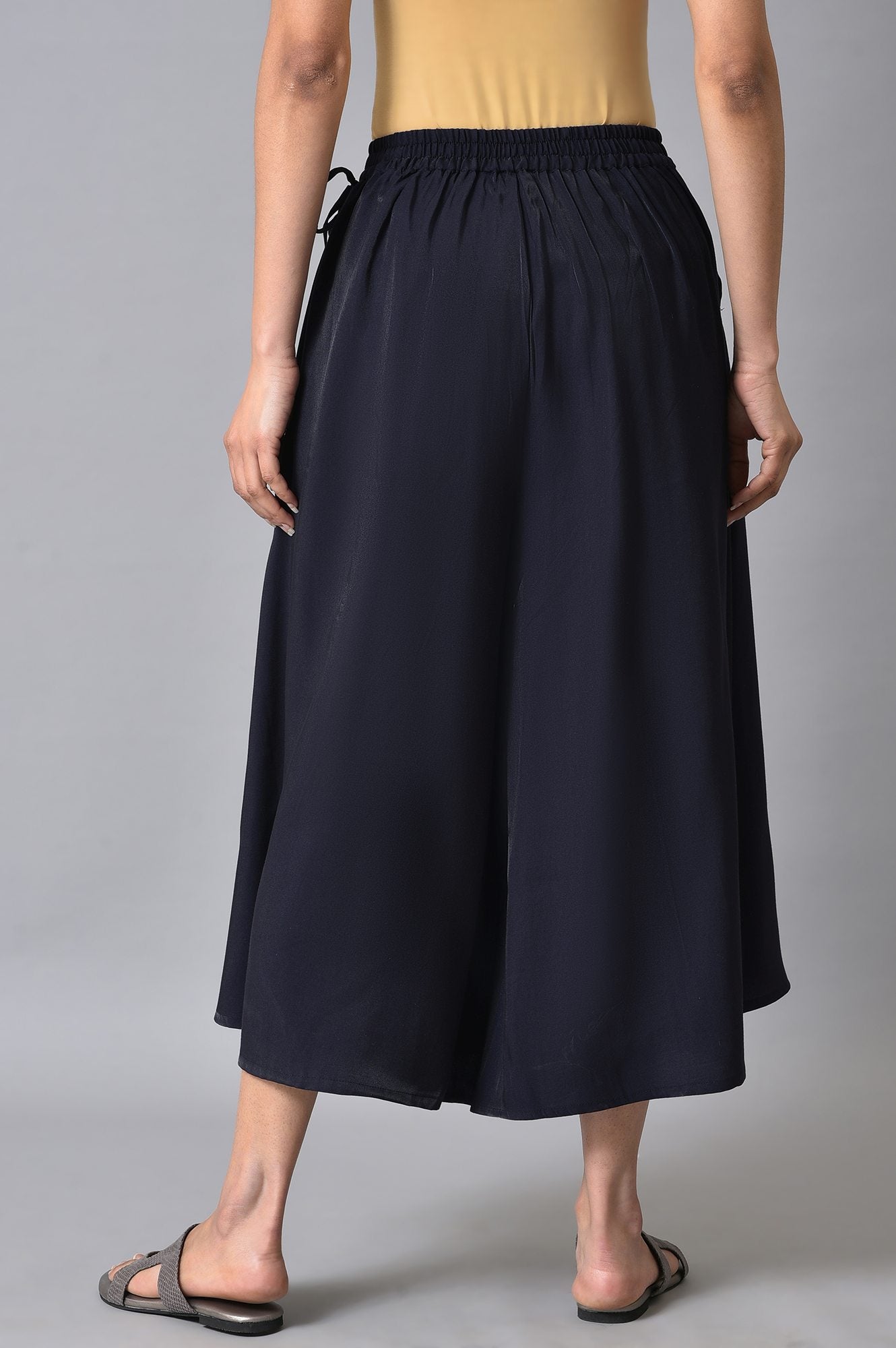 Navy Blue Solid Flared Rayon Culottes with Drawstring Detail