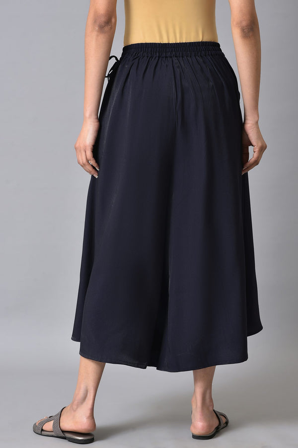 Navy Blue Solid Flared Rayon Culottes with Drawstring Detail