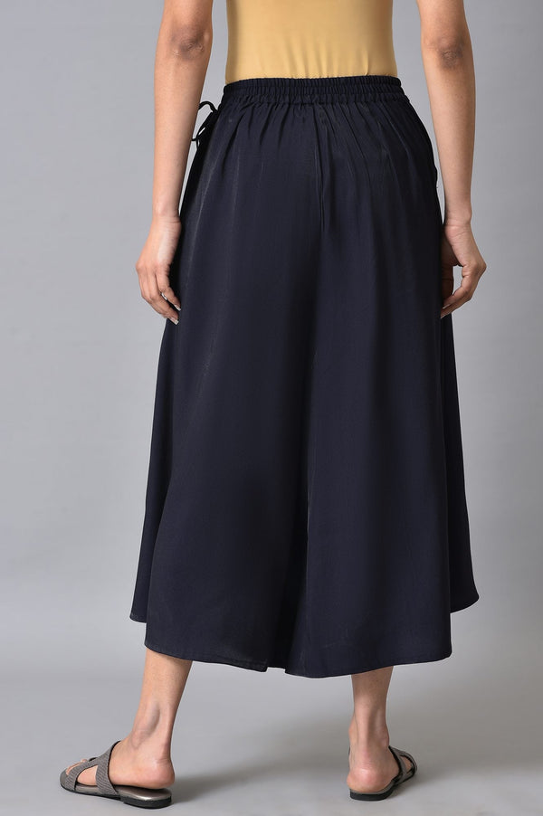 Navy Blue Solid Flared Rayon Culottes with Drawstring Detail