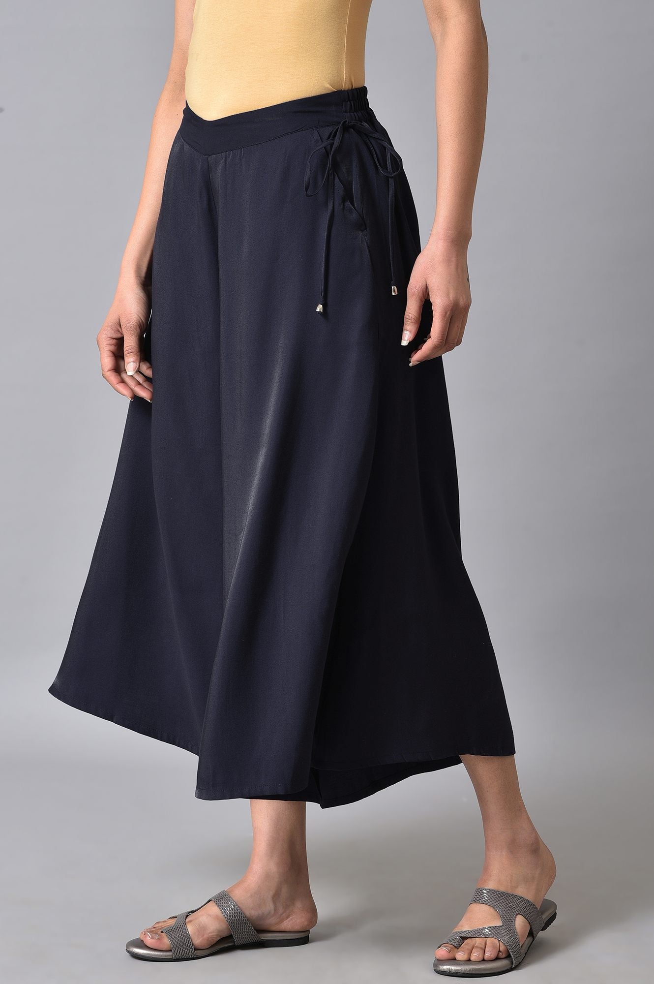 Navy Blue Solid Flared Rayon Culottes with Drawstring Detail