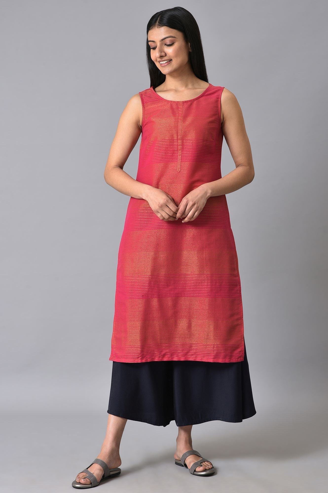 Navy Blue Solid Flared Rayon Culottes with Drawstring Detail