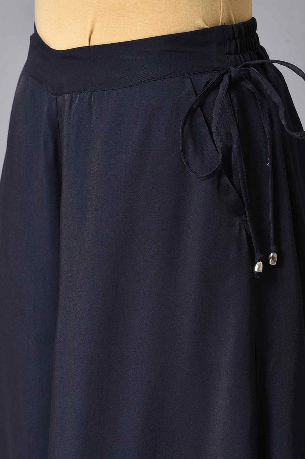 Navy Blue Solid Flared Rayon Culottes with Drawstring Detail