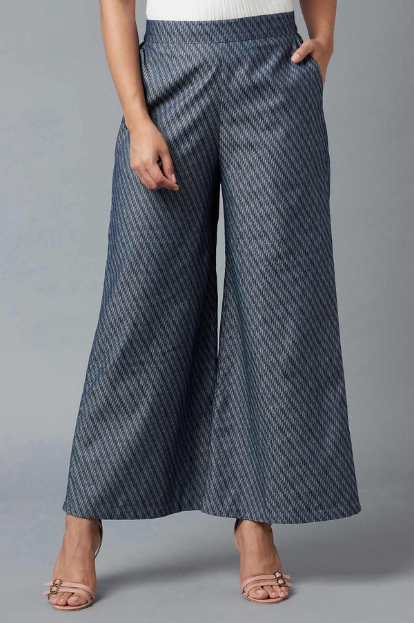 Blue Geometric Printed Flared Cotton Palazzo With Elasticated Waist