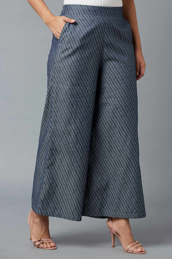 Blue Geometric Printed Flared Cotton Palazzo With Elasticated Waist