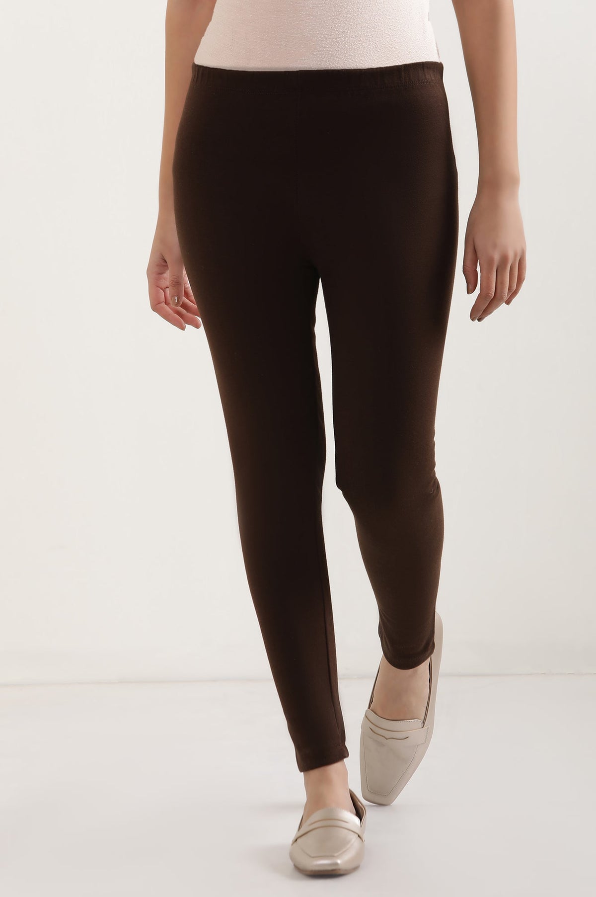 Elleven Women's Brown Solid Skinny Fit Tights With Elasticated Waist - XS