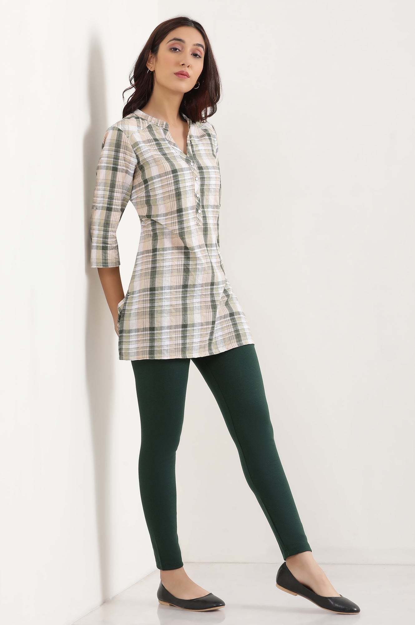 Green Solid Skinny Fit Cotton Tights With Elasticated Waist