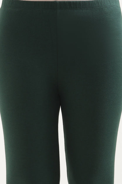 Green Solid Skinny Fit Cotton Tights With Elasticated Waist