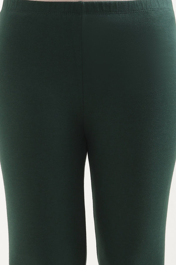 Green Solid Skinny Fit Cotton Tights With Elasticated Waist