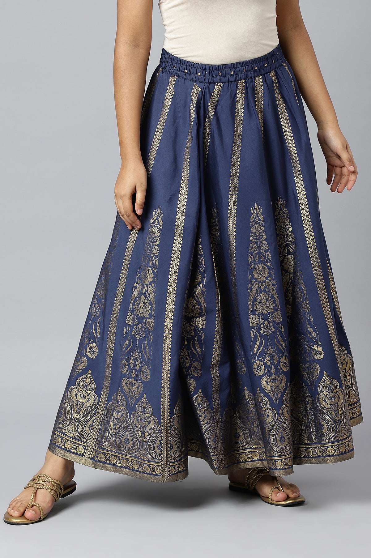 Elleven Women's Navy Blue Floral Printed Flared Woven Skirt With Elasticated Waist - L