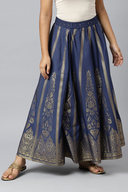 Navy Blue Floral Printed Flared Woven Skirt With Elasticated Waist