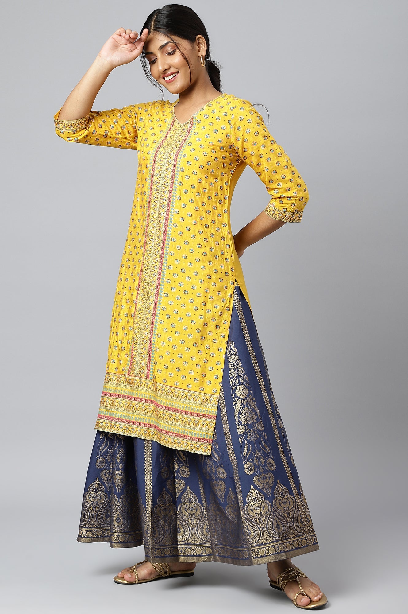 Navy Blue Floral Printed Flared Woven Skirt With Elasticated Waist