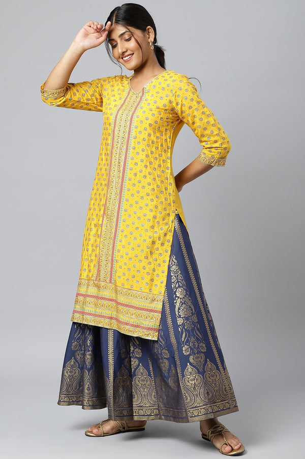 Navy Blue Floral Printed Flared Woven Skirt With Elasticated Waist