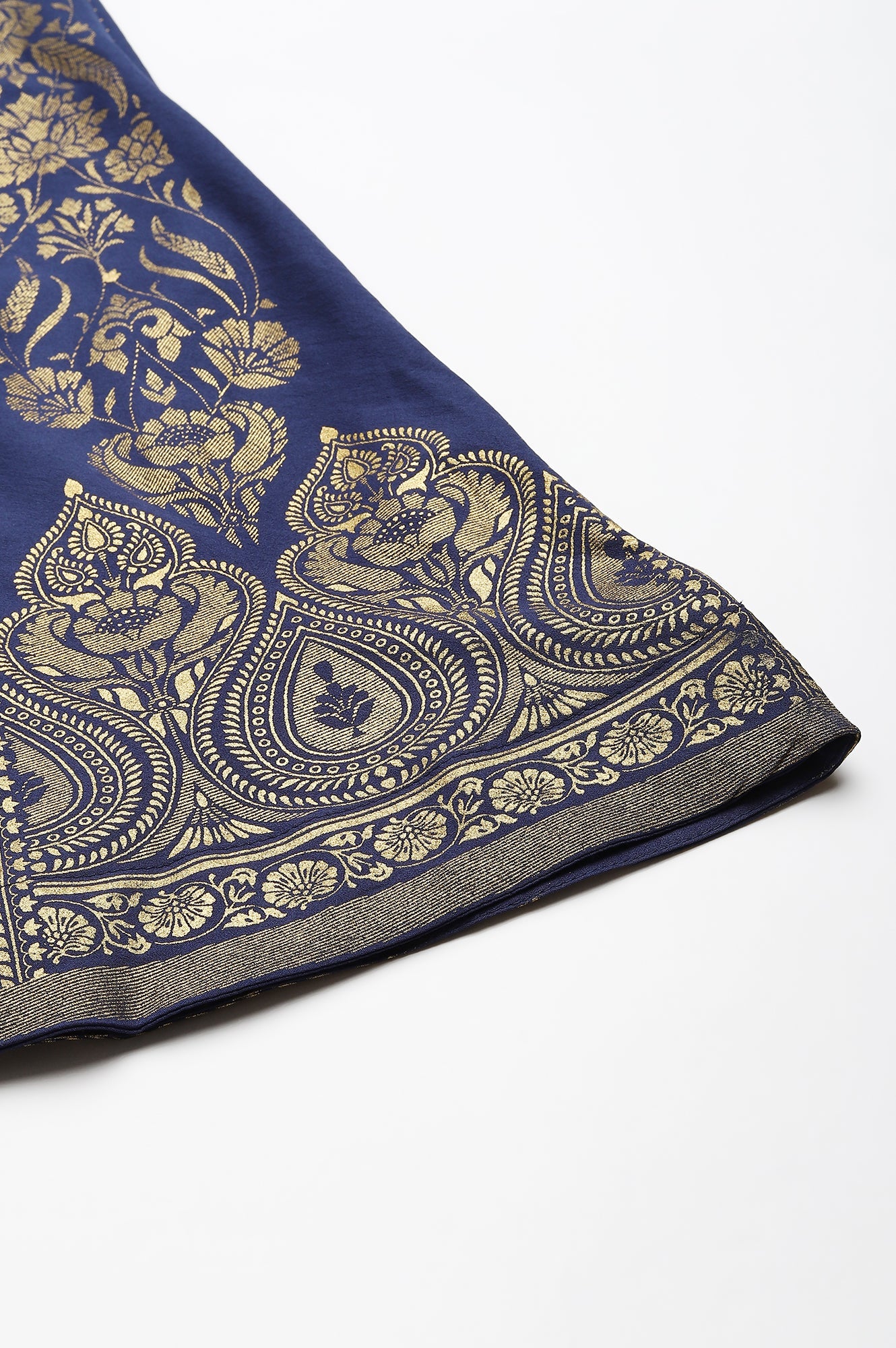 Navy Blue Floral Printed Flared Woven Skirt With Elasticated Waist