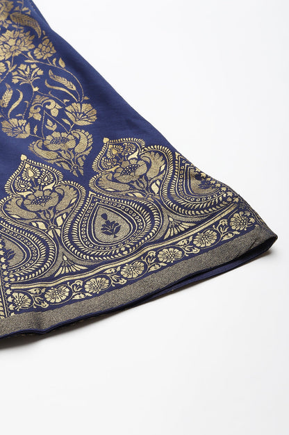 Navy Blue Floral Printed Flared Woven Skirt With Elasticated Waist