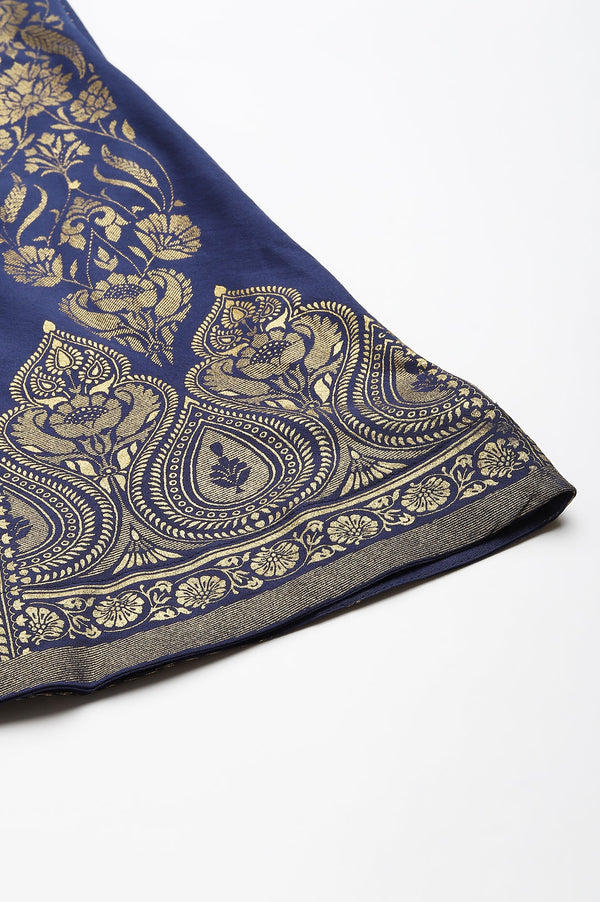 Navy Blue Floral Printed Flared Woven Skirt With Elasticated Waist