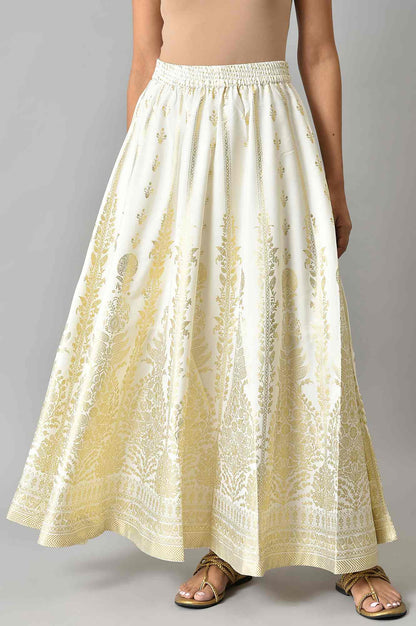 White Floral Printed Flared Woven Skirt With Elasticated Waist