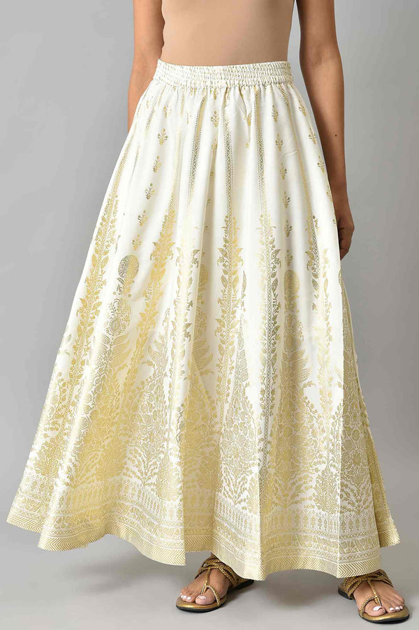 White Floral Printed Flared Woven Skirt With Elasticated Waist