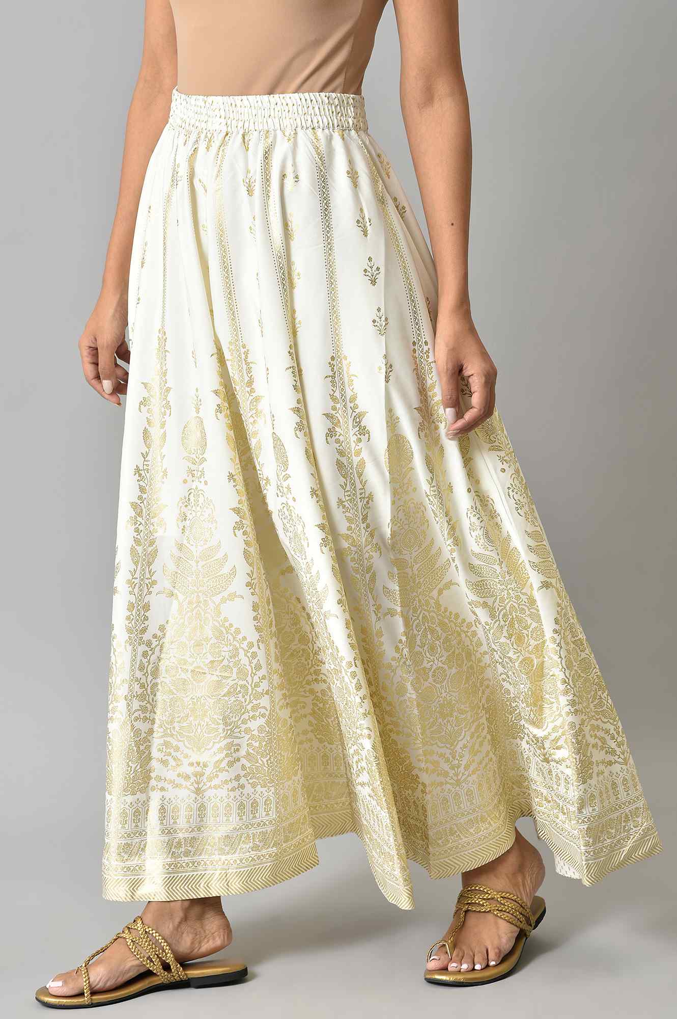 White Floral Printed Flared Woven Skirt With Elasticated Waist
