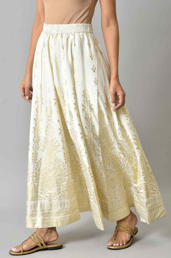 Elleven Women's White Floral Printed Flared Woven Skirt With Elasticated Waist