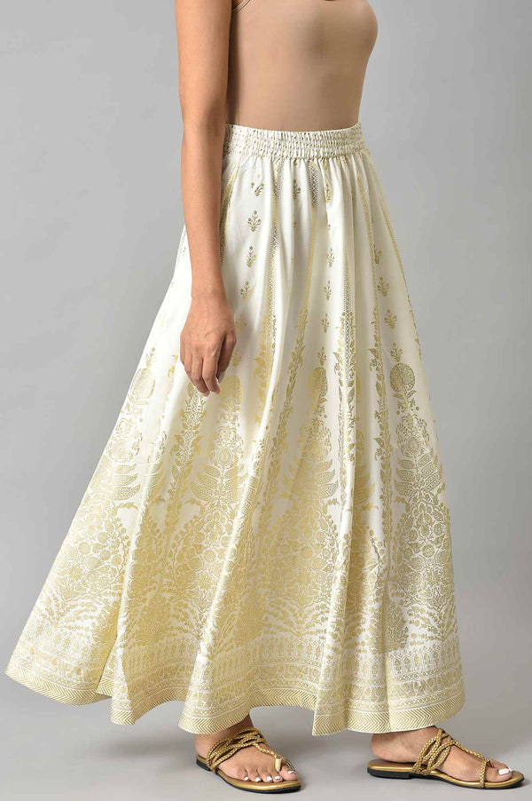 Elleven Women's White Floral Printed Flared Woven Skirt With Elasticated Waist
