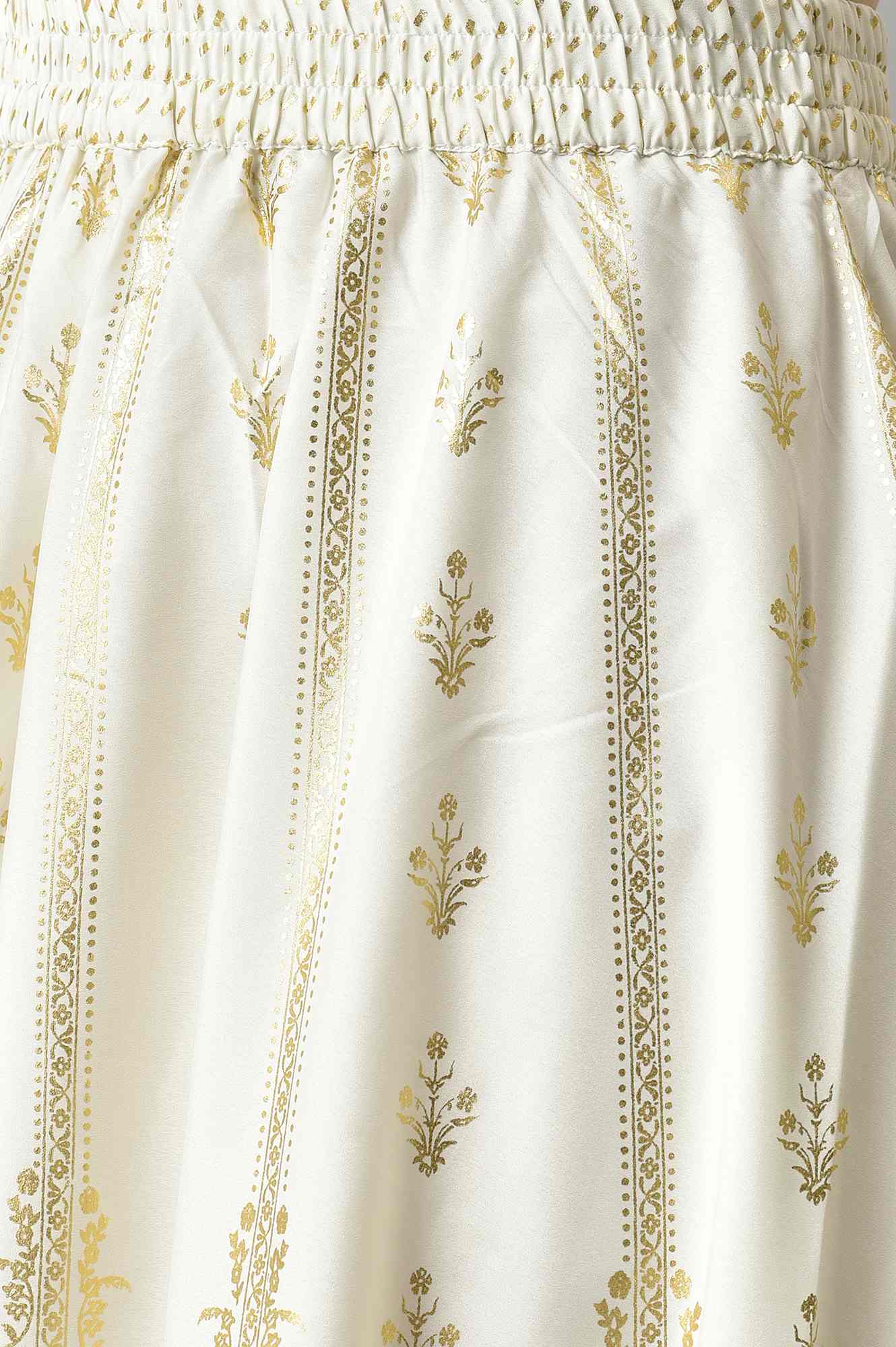 White Floral Printed Flared Woven Skirt With Elasticated Waist