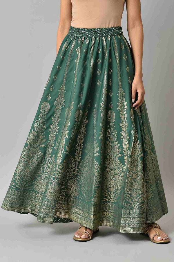 Green Floral Printed Flared Woven Skirt With Elasticated Waist
