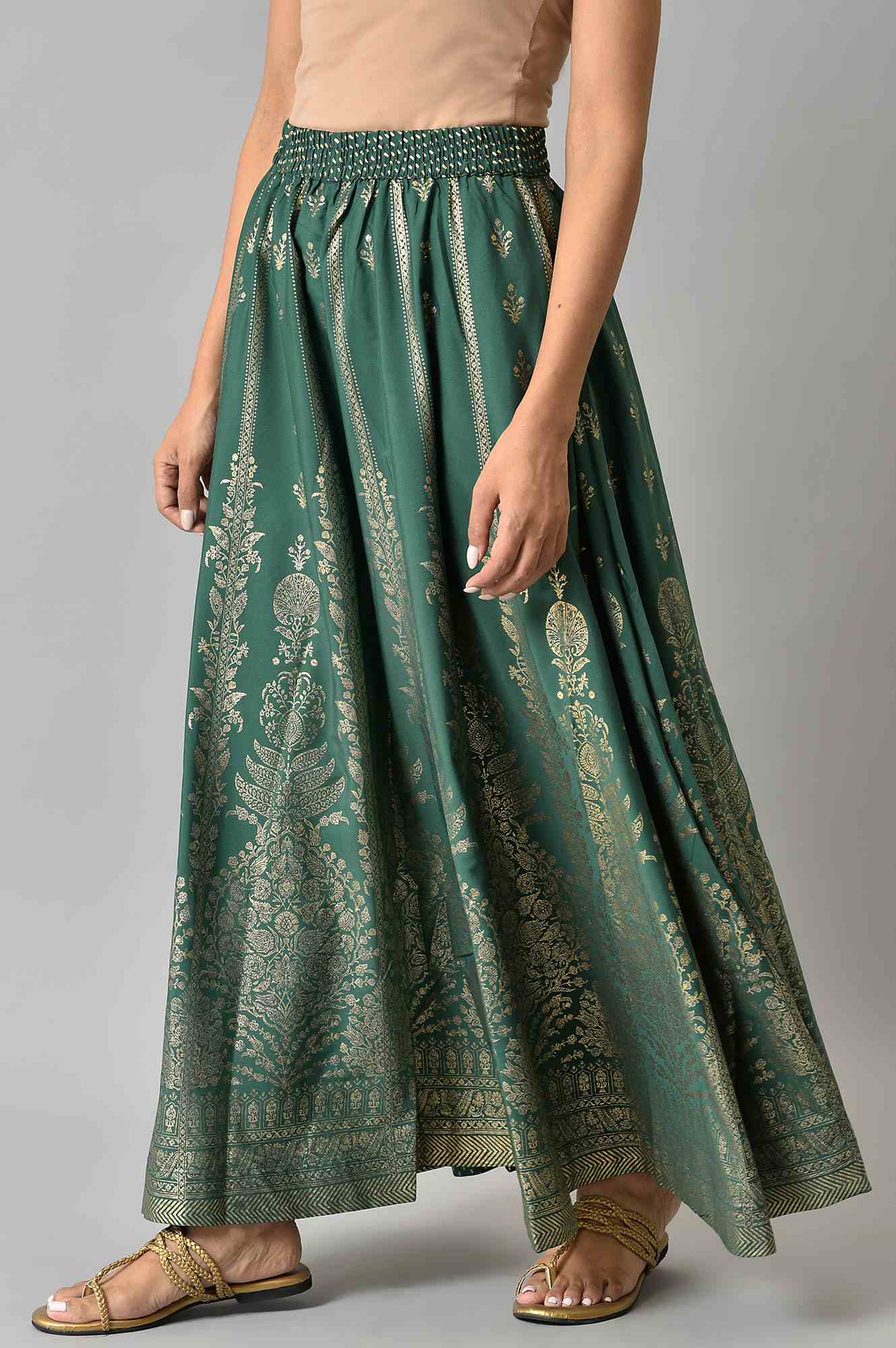 Green Floral Printed Flared Woven Skirt With Elasticated Waist