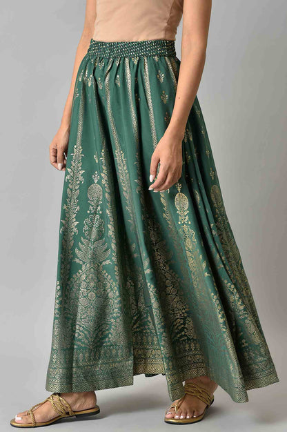 Green Floral Printed Flared Woven Skirt With Elasticated Waist