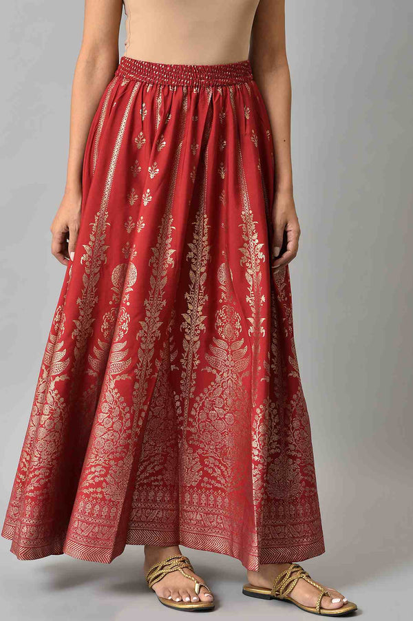 Maroon Floral Printed Flared Woven Skirt With Elasticated Waist