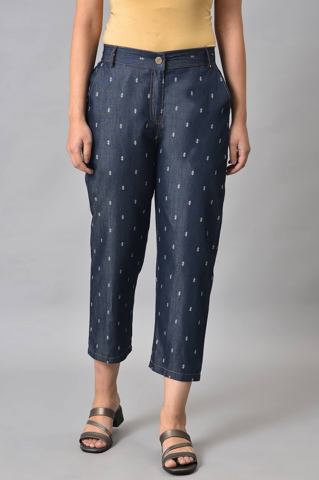 Navy Blue Geometric Printed Straight Fit Denim Pants With Elasticated Waistband