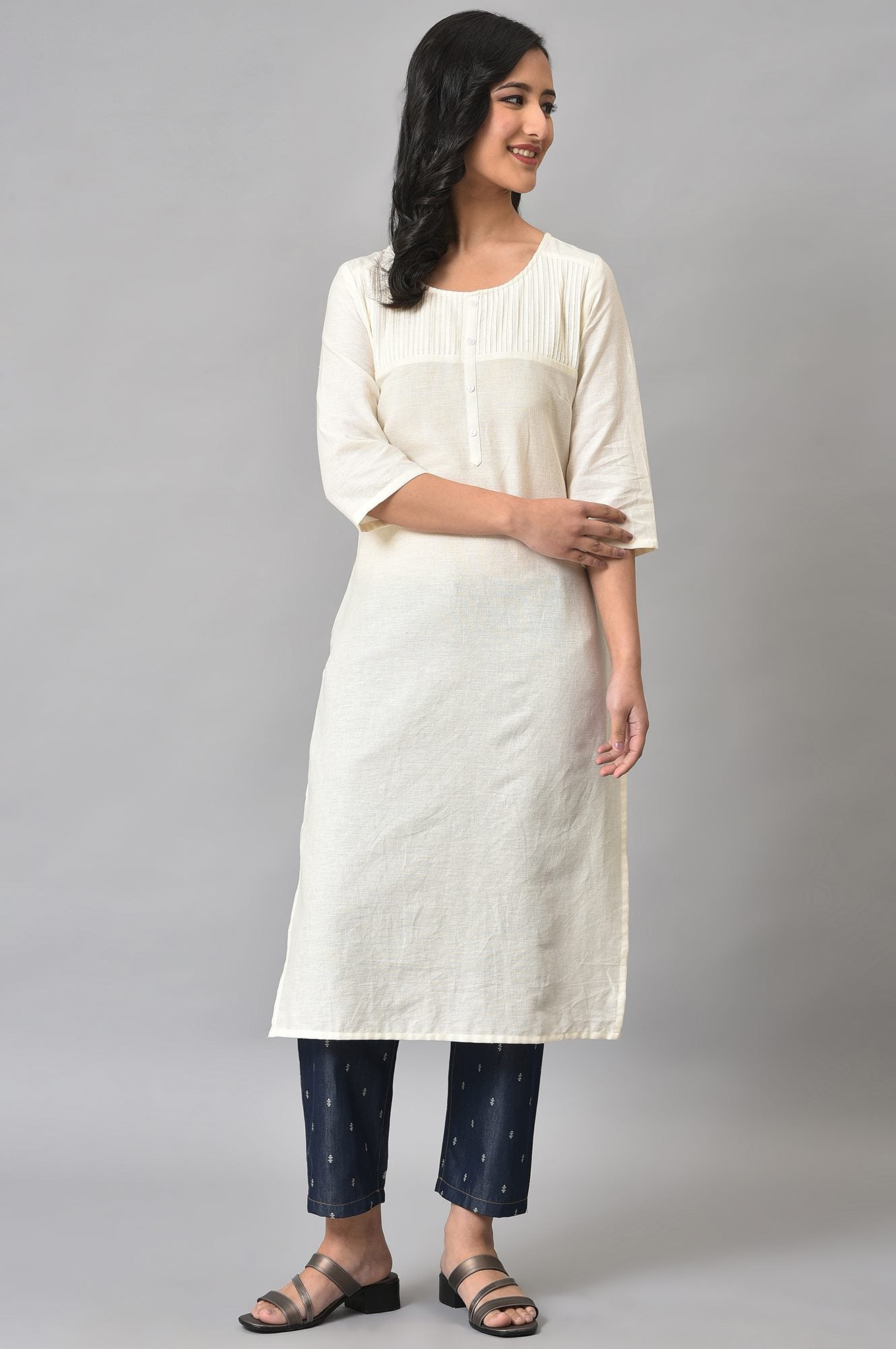 Navy Blue Geometric Printed Straight Fit Denim Pants With Elasticated Waistband