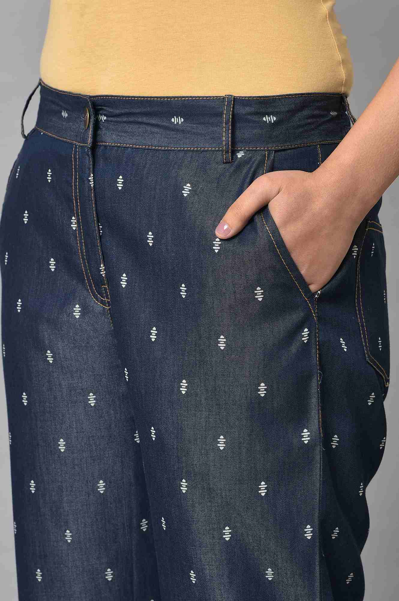 Navy Blue Geometric Printed Straight Fit Denim Pants With Elasticated Waistband