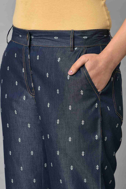 Navy Blue Geometric Printed Straight Fit Denim Pants With Elasticated Waistband