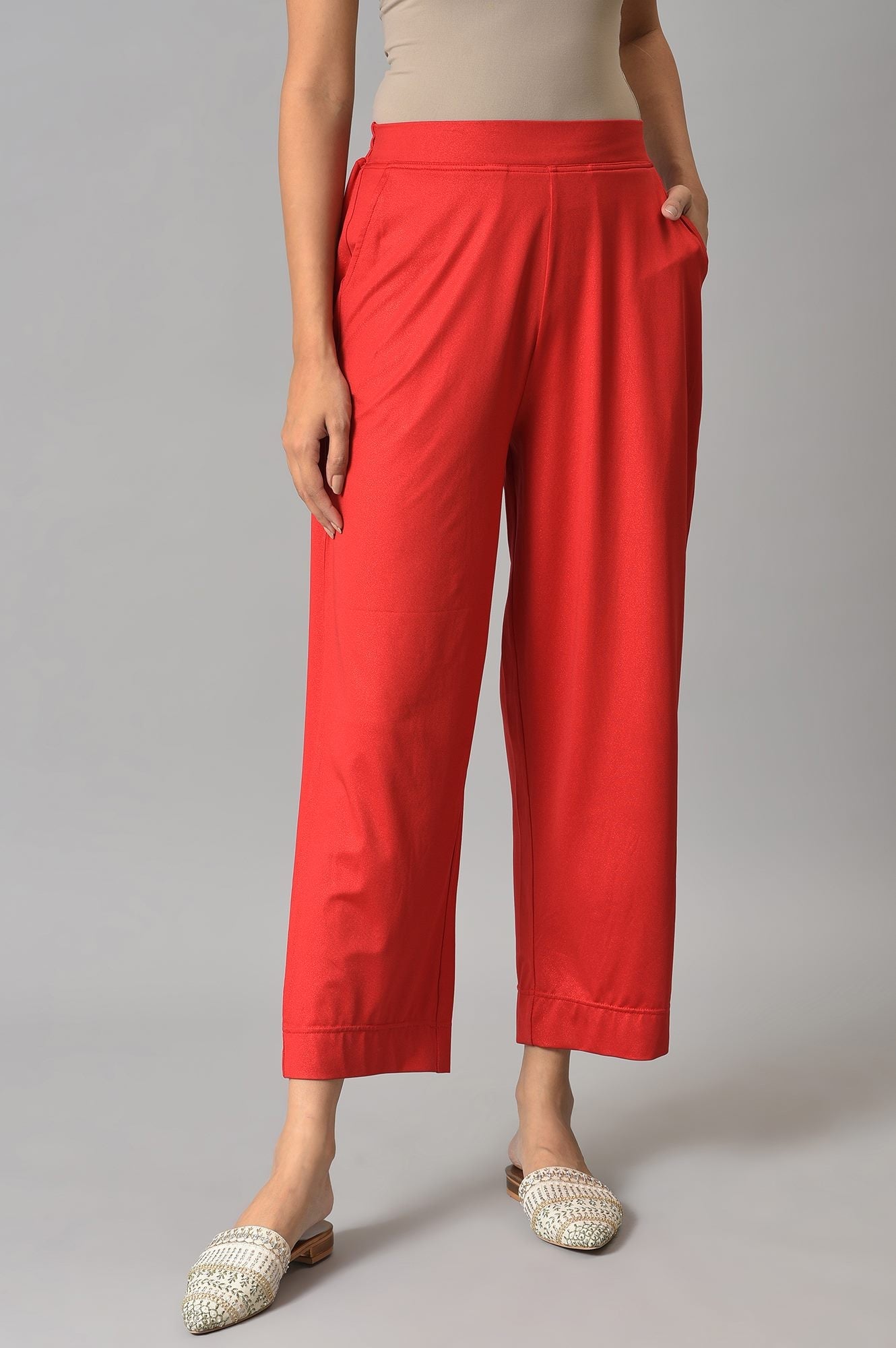 Red Solid Straight Fit Palazzo With Side Pockets