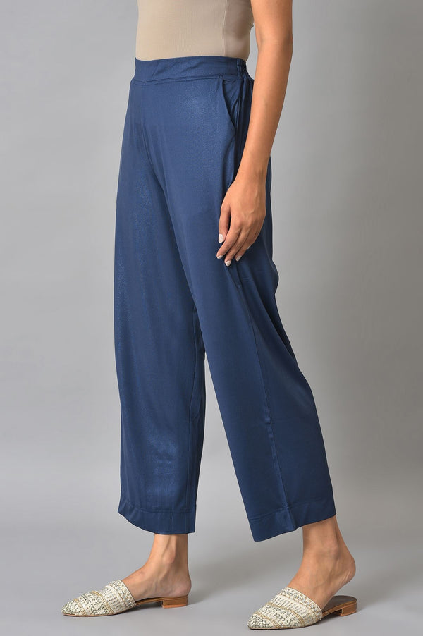 Blue Solid Straight Fit Palazzo With Side Pockets