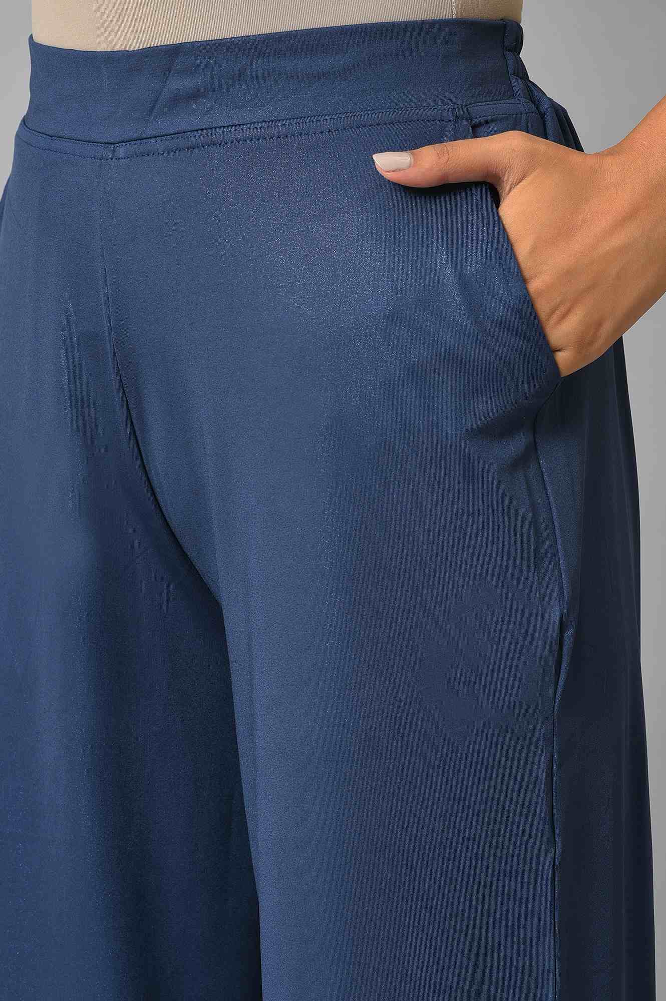 Blue Solid Straight Fit Palazzo With Side Pockets