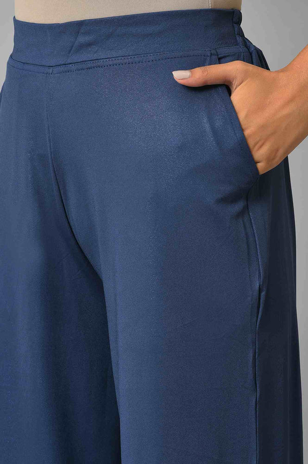 Blue Solid Straight Fit Palazzo With Side Pockets
